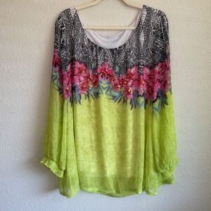 Soft Surroundings 3X Lime Green Floral Sequin Blouse Geometric Boho Casual